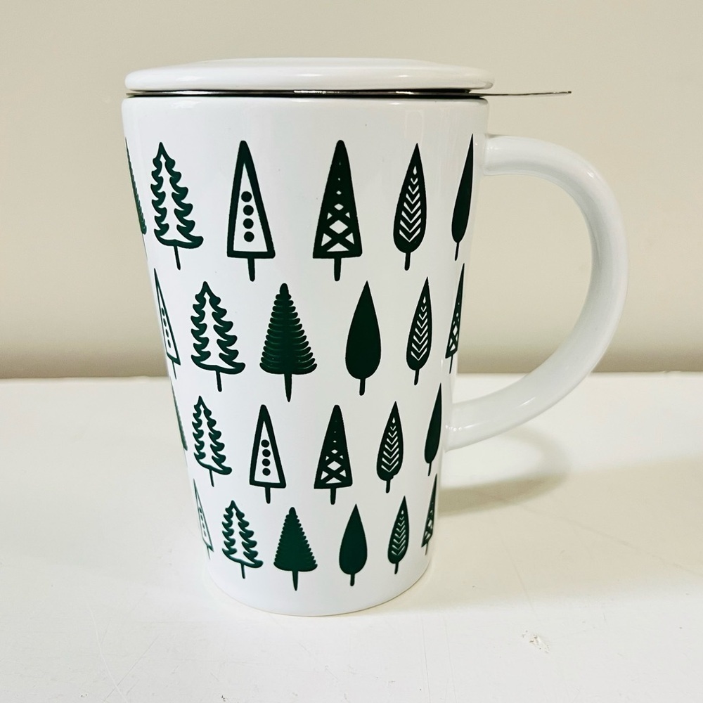 David’s Tea White and Green Tree Pattern Mug with Lid and Tea Infuser - Picture 3 of 8